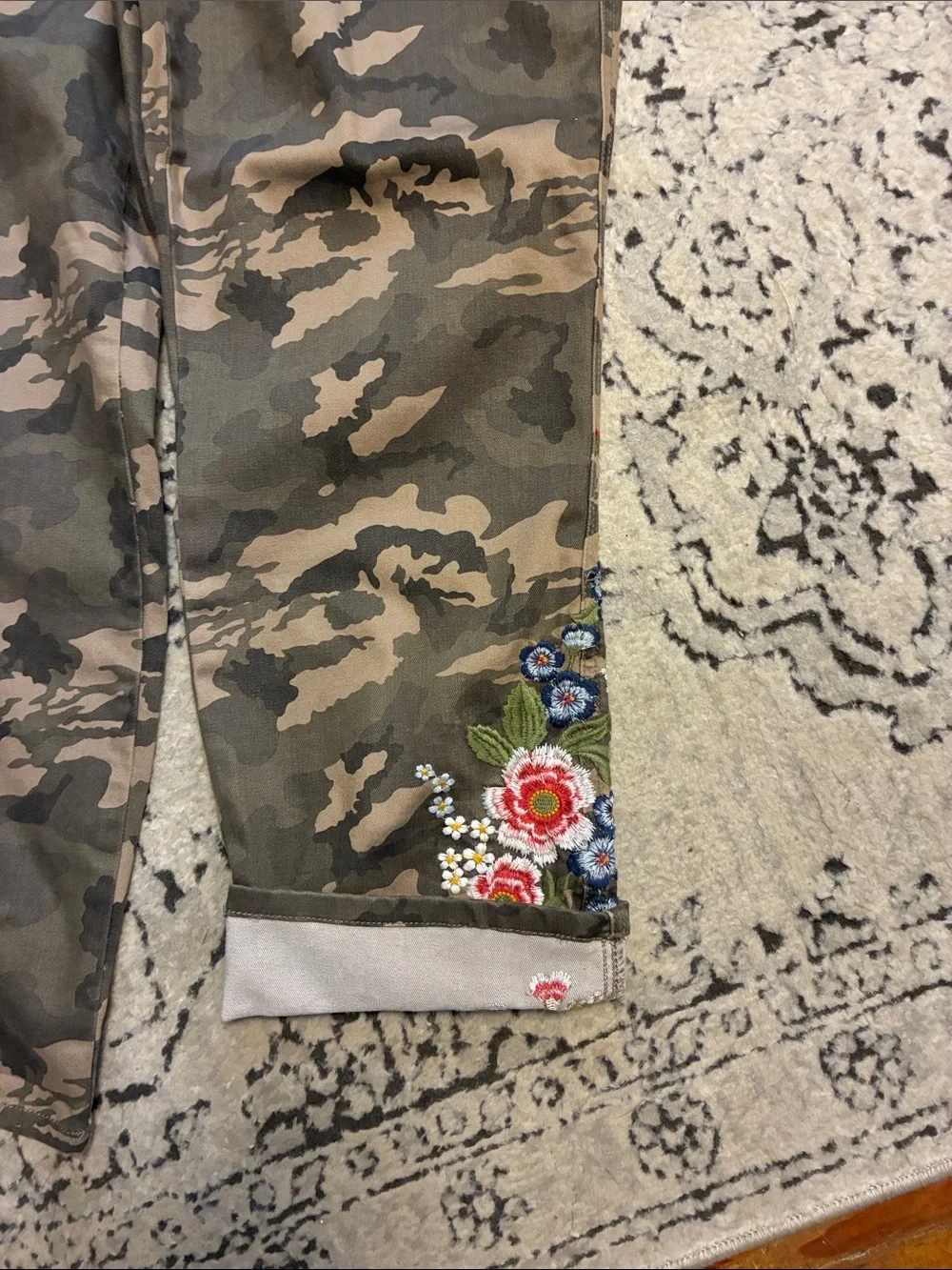 Laurie Felt Green Brown Camo Crop Pants with Floral Embroidery - Picture 2 of 9